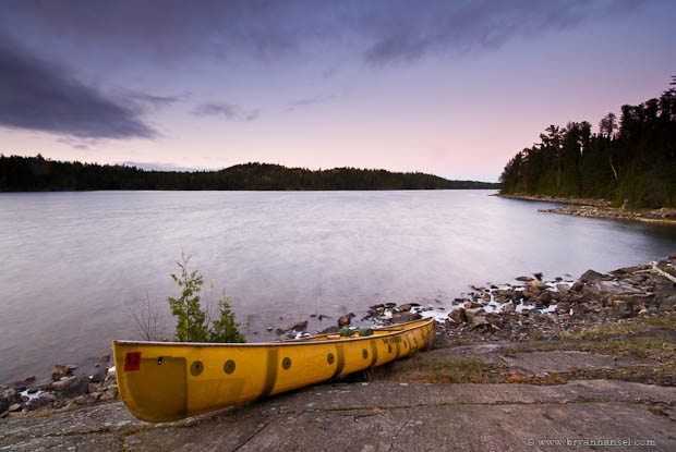 Sunset over Ottertrack Lake. Canada is on the left and U.S. on the right.