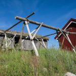 An old cod drying rack in front of a traditional sod roof house.