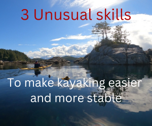 a kayaker paddling past a small island with the words 3 Unusual skills to make kayaking easier and more stable on the photo.